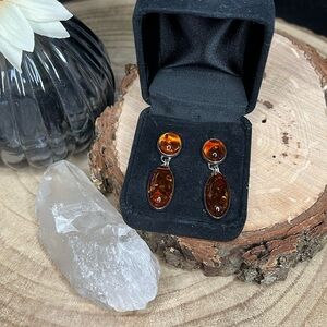 925 ATI Poland Amber Baltic Drop Earrings with Silver Accents